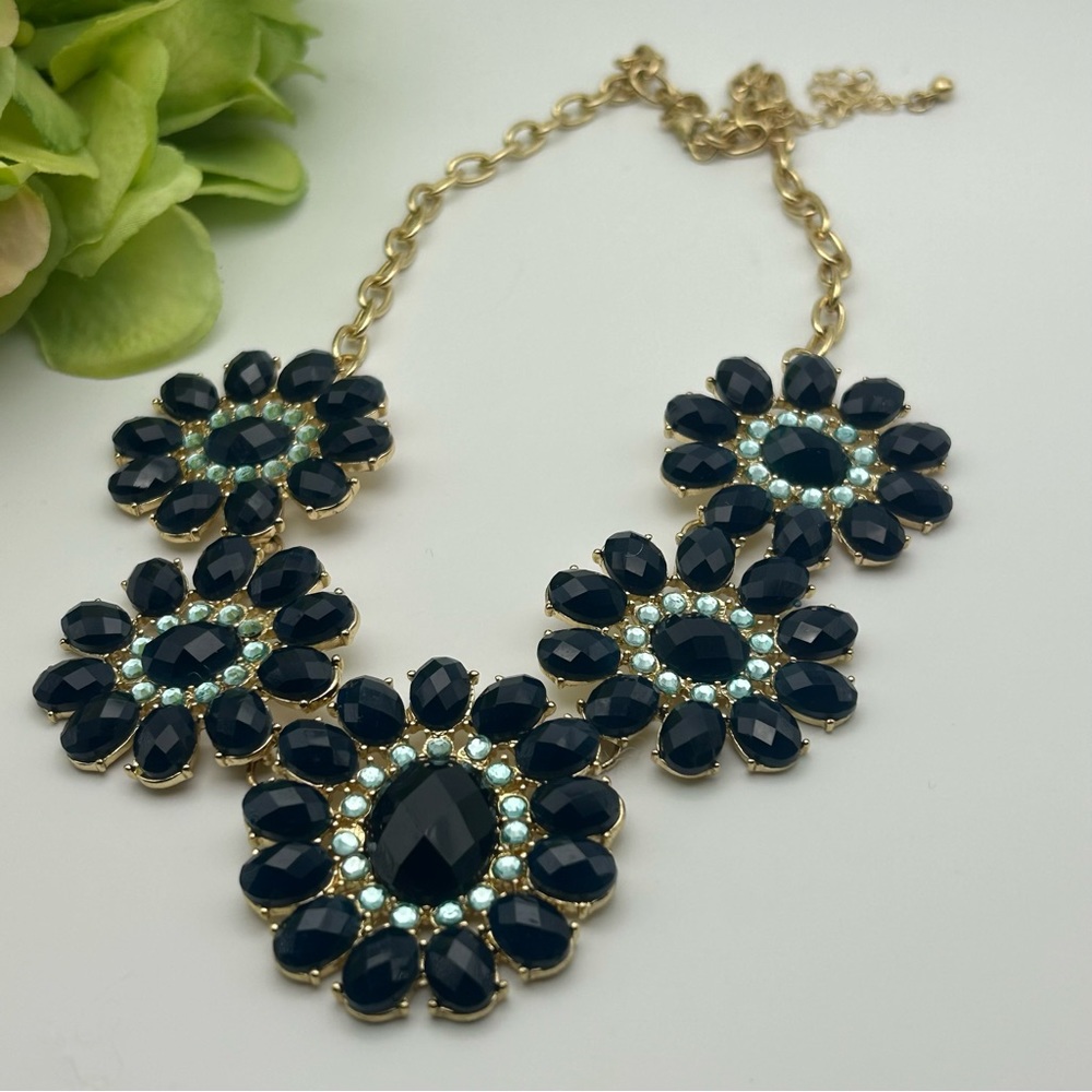 Blue and gold tone statement necklace flowers cabochons 20 inches.